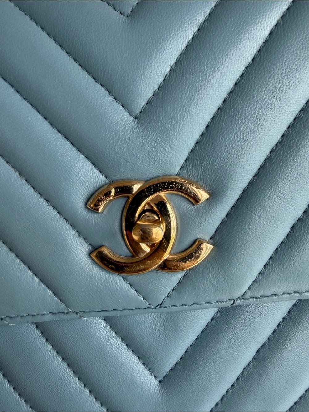 CHANEL Light Blue Chevron Quilted Shoulder Bag with Gold CC Lock